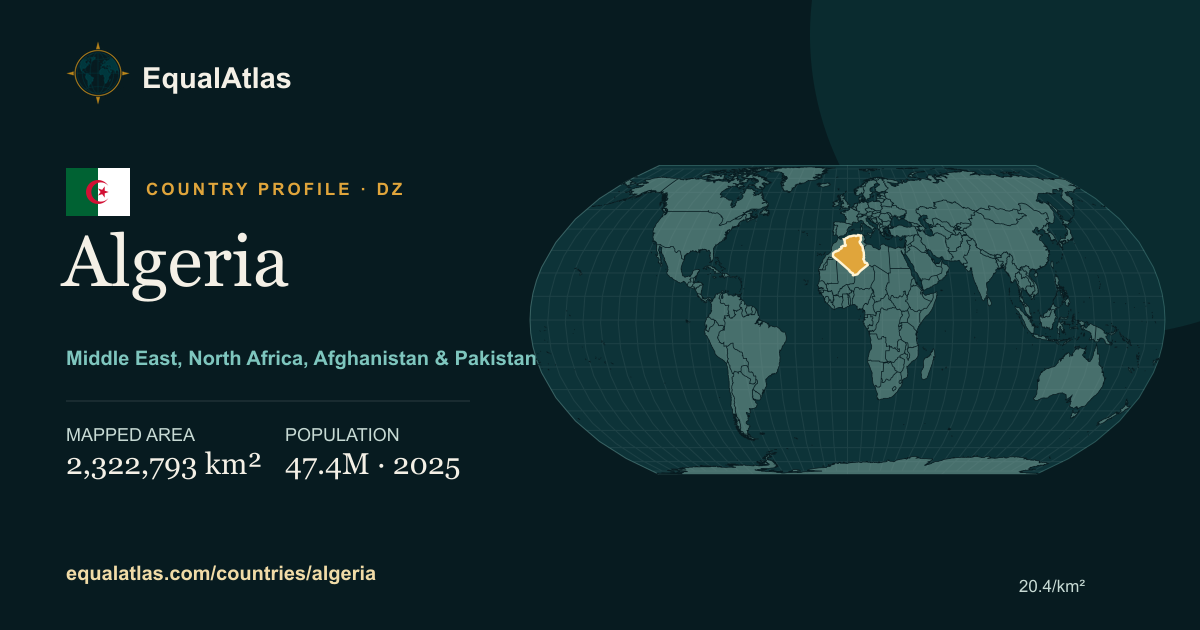 Algeria true-size map card with mapped area and sourced EqualAtlas country data