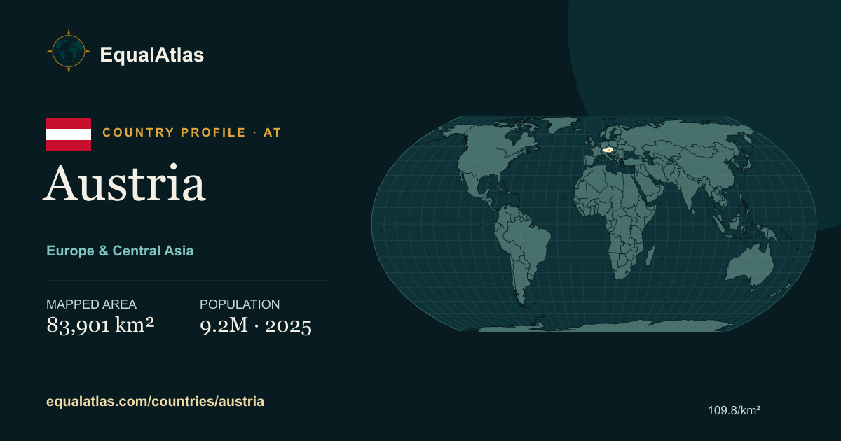 Austria true-size map card with mapped area and sourced EqualAtlas country data