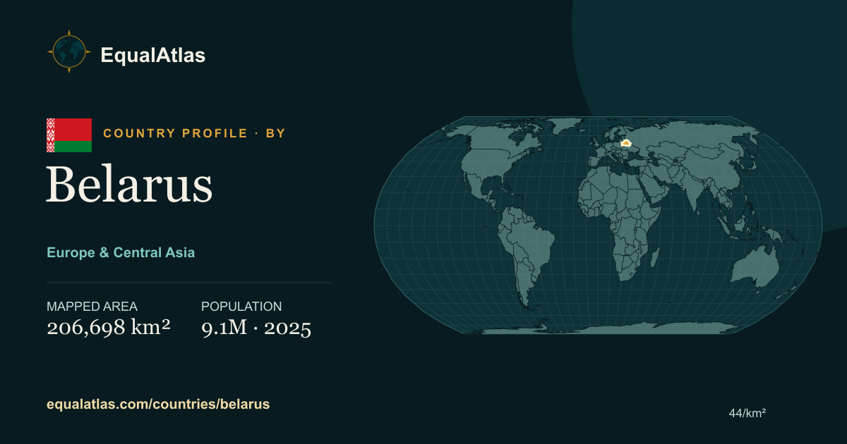 Belarus true-size map card with mapped area and sourced EqualAtlas country data