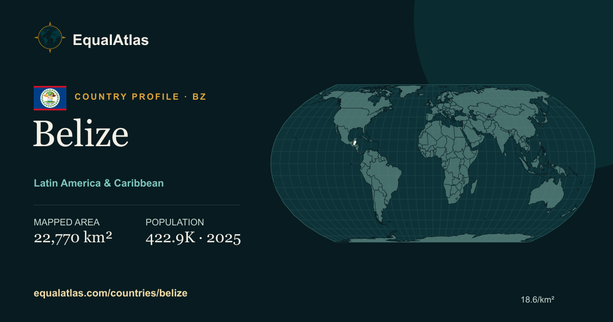 Belize true-size map card with mapped area and sourced EqualAtlas country data