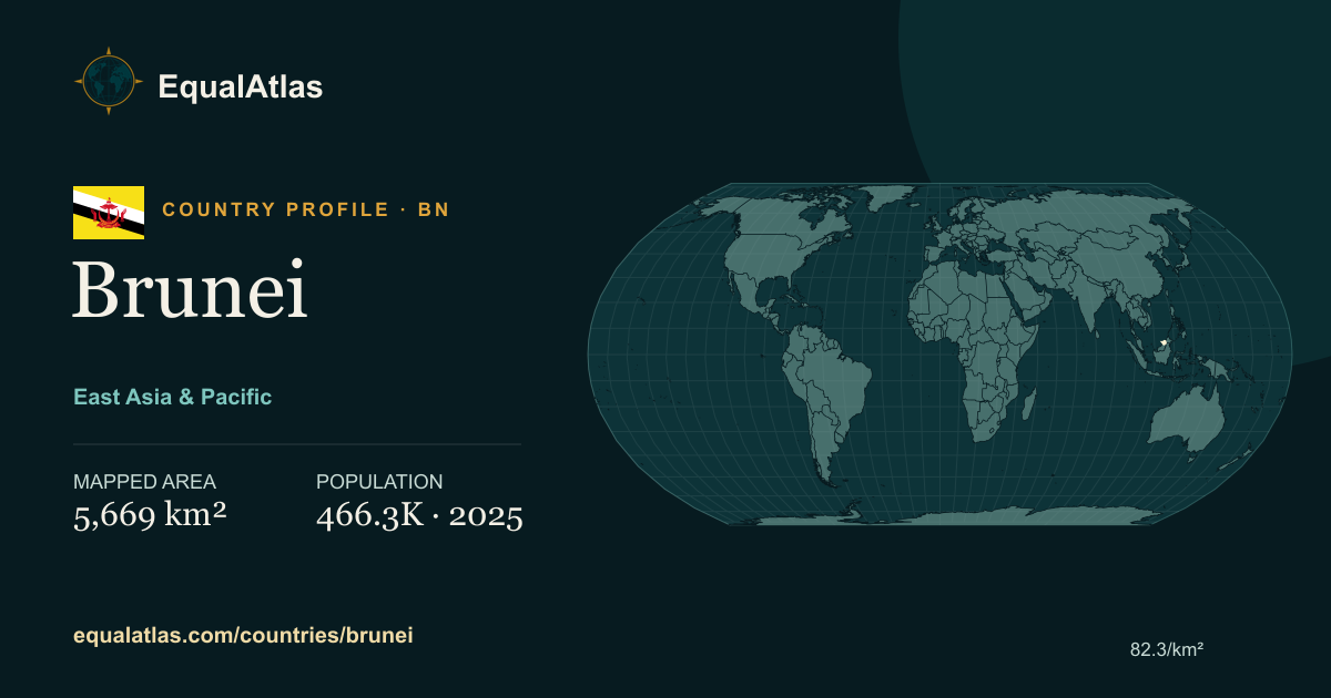 Brunei true-size map card with mapped area and sourced EqualAtlas country data