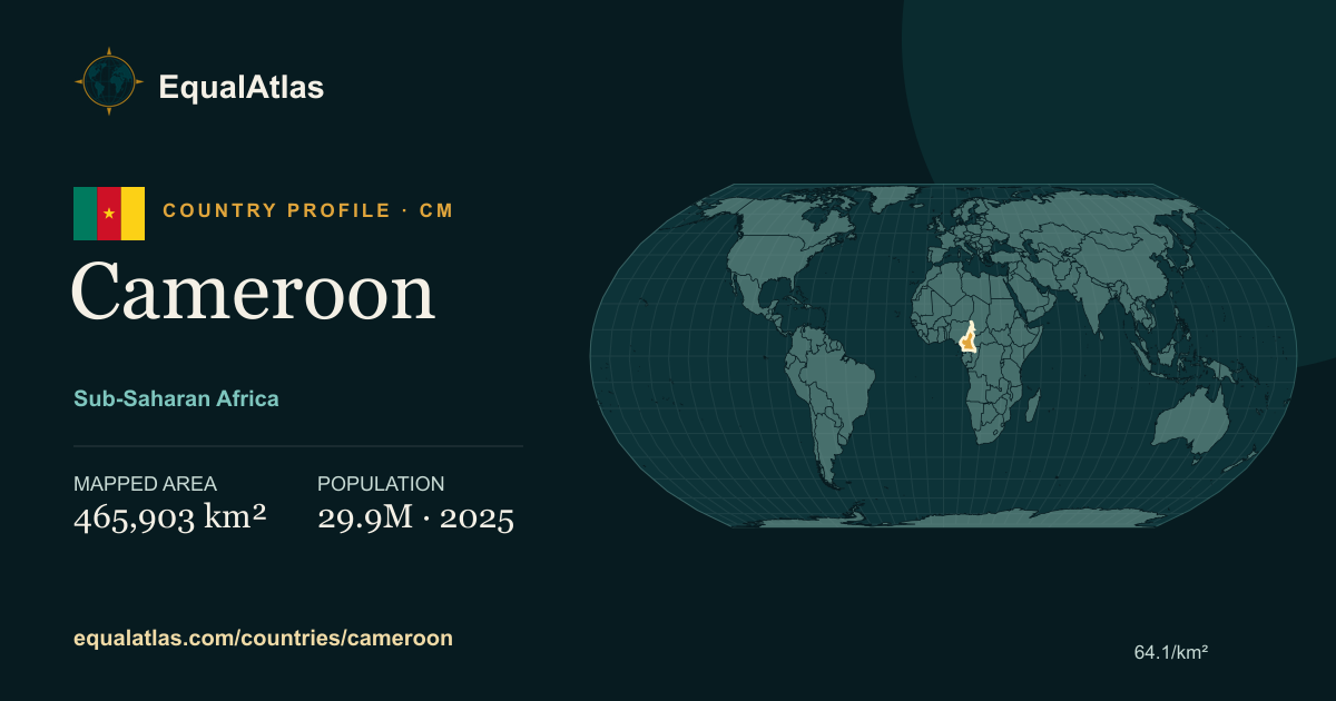 Cameroon true-size map card with mapped area and sourced EqualAtlas country data