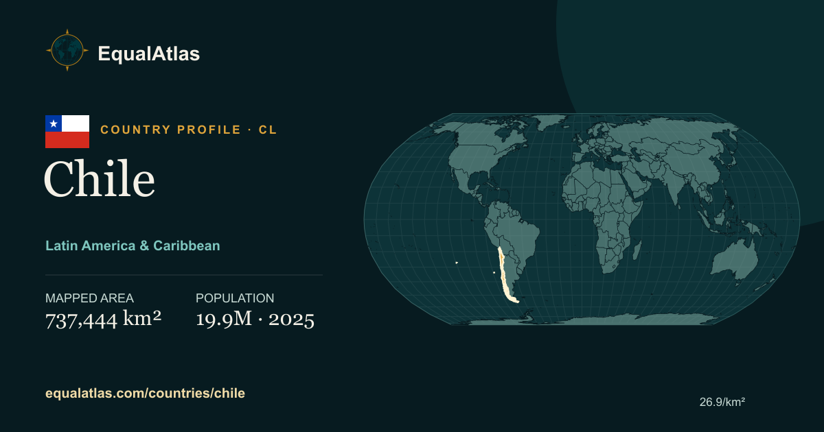 Chile true-size map card with mapped area and sourced EqualAtlas country data