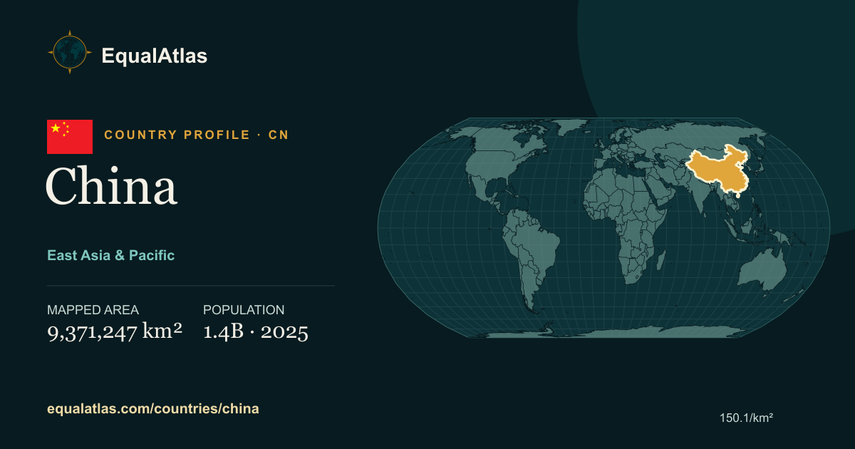 China true-size map card with mapped area and sourced EqualAtlas country data