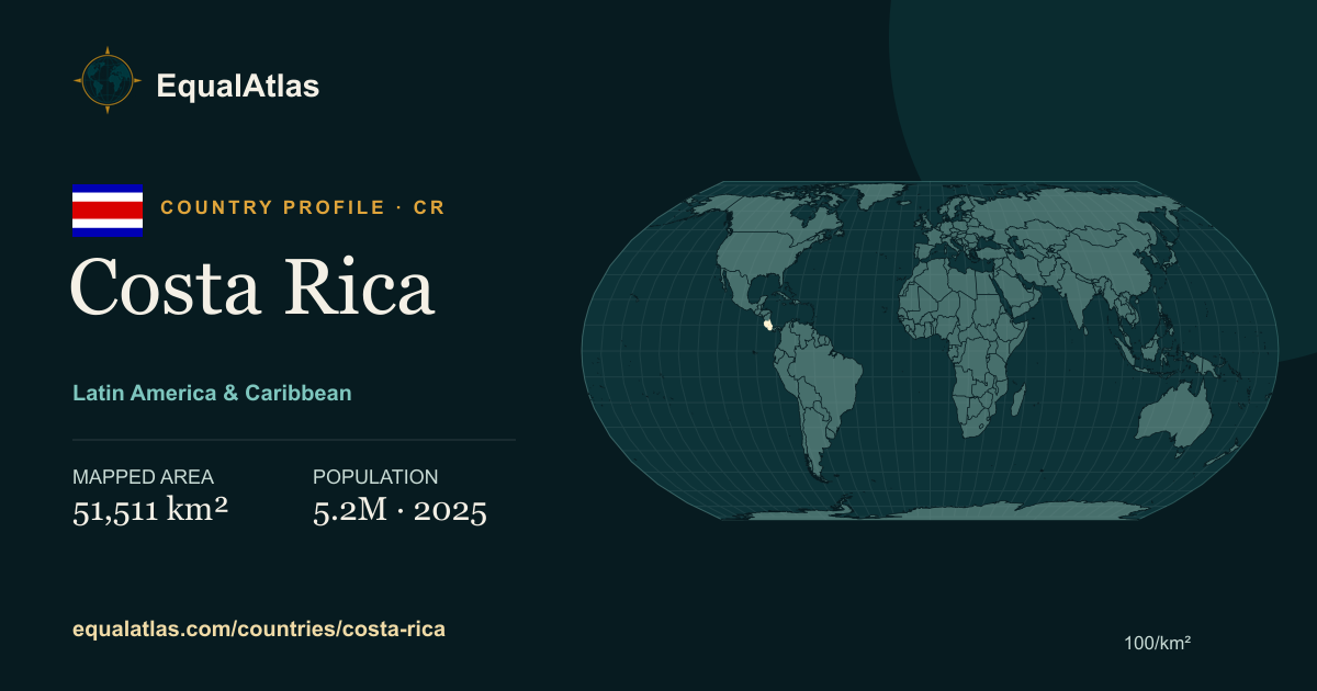Costa Rica true-size map card with mapped area and sourced EqualAtlas country data