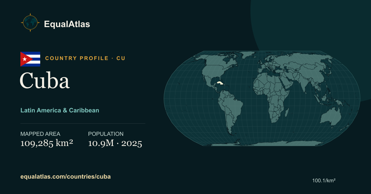 Cuba true-size map card with mapped area and sourced EqualAtlas country data