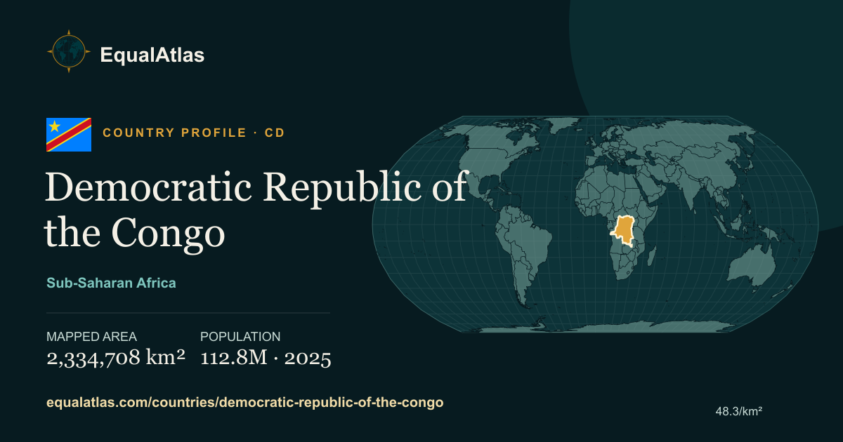 Democratic Republic of the Congo true-size map card with mapped area and sourced EqualAtlas country data