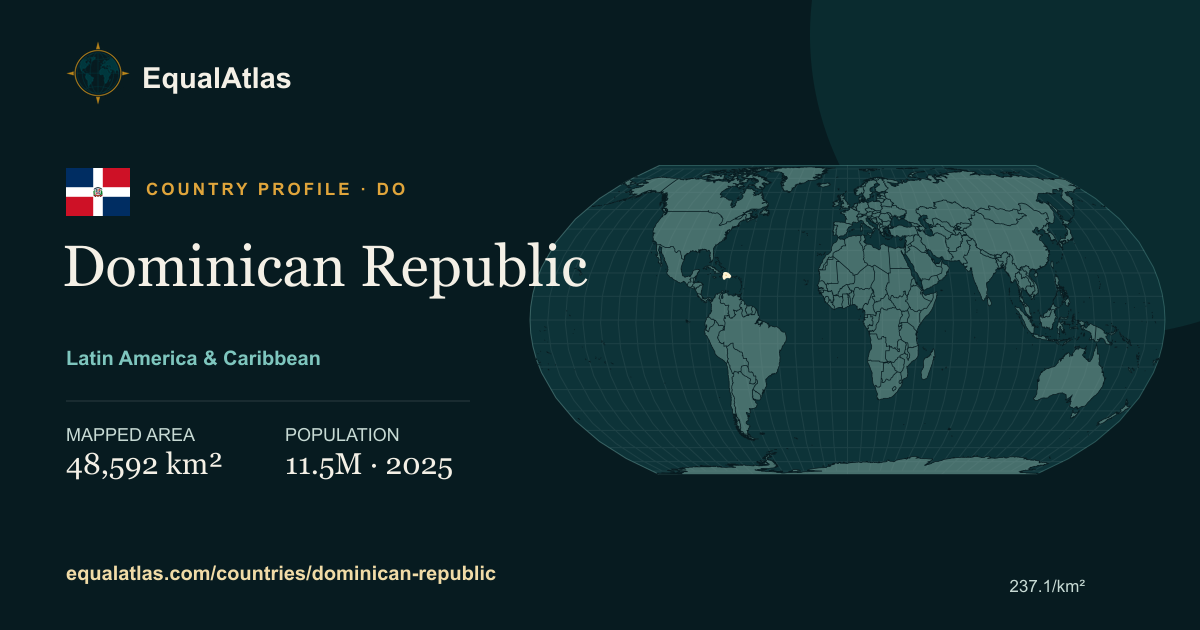 Dominican Republic true-size map card with mapped area and sourced EqualAtlas country data