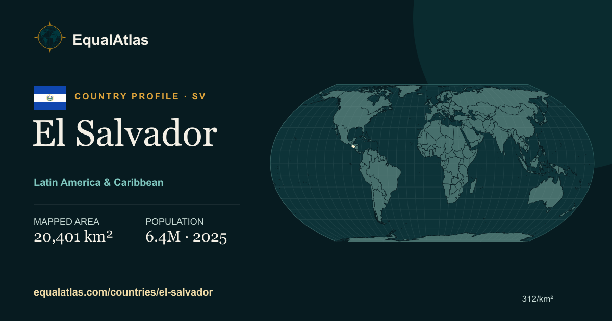 El Salvador true-size map card with mapped area and sourced EqualAtlas country data