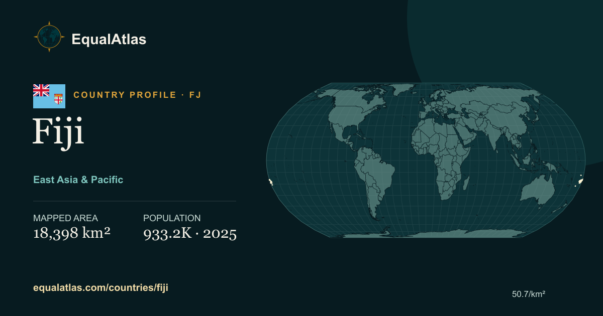 Fiji true-size map card with mapped area and sourced EqualAtlas country data