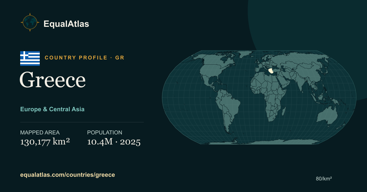 Greece true-size map card with mapped area and sourced EqualAtlas country data