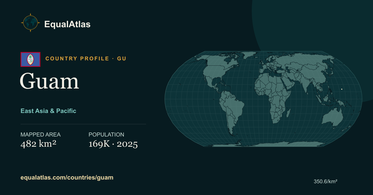 Guam true-size map card with mapped area and sourced EqualAtlas country data