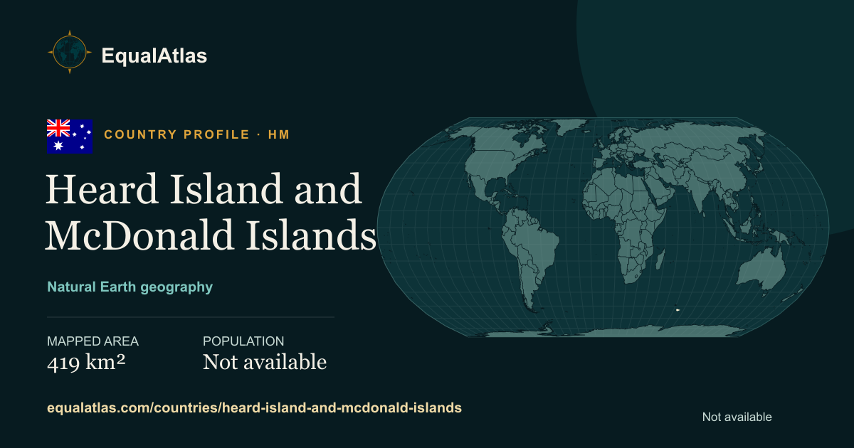Heard Island and McDonald Islands true-size map card with mapped area and sourced EqualAtlas country data