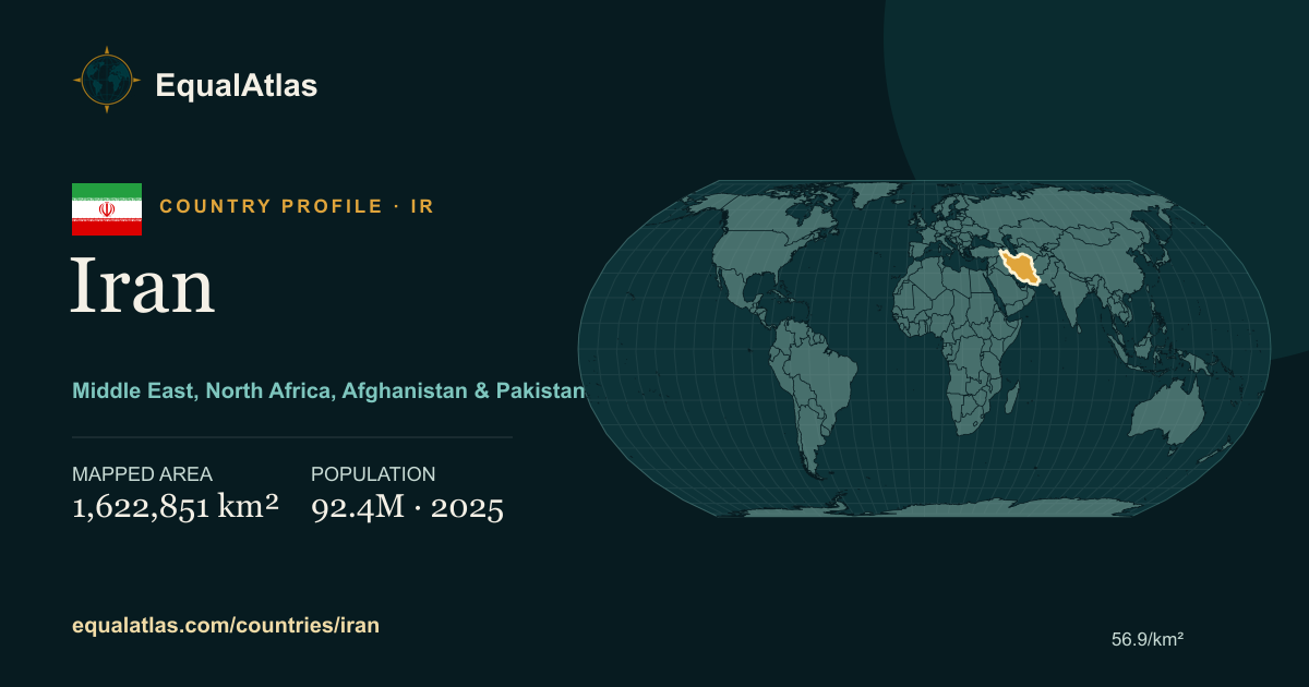 Iran true-size map card with mapped area and sourced EqualAtlas country data