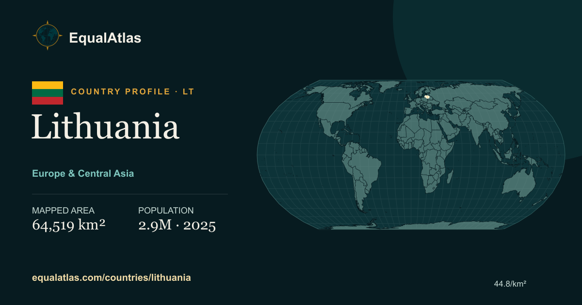Lithuania true-size map card with mapped area and sourced EqualAtlas country data