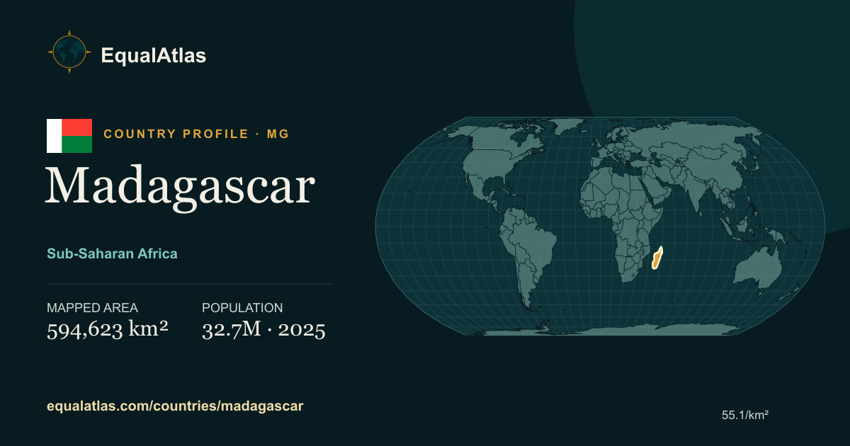Madagascar true-size map card with mapped area and sourced EqualAtlas country data