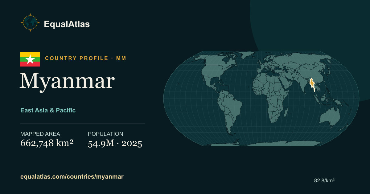 Myanmar true-size map card with mapped area and sourced EqualAtlas country data