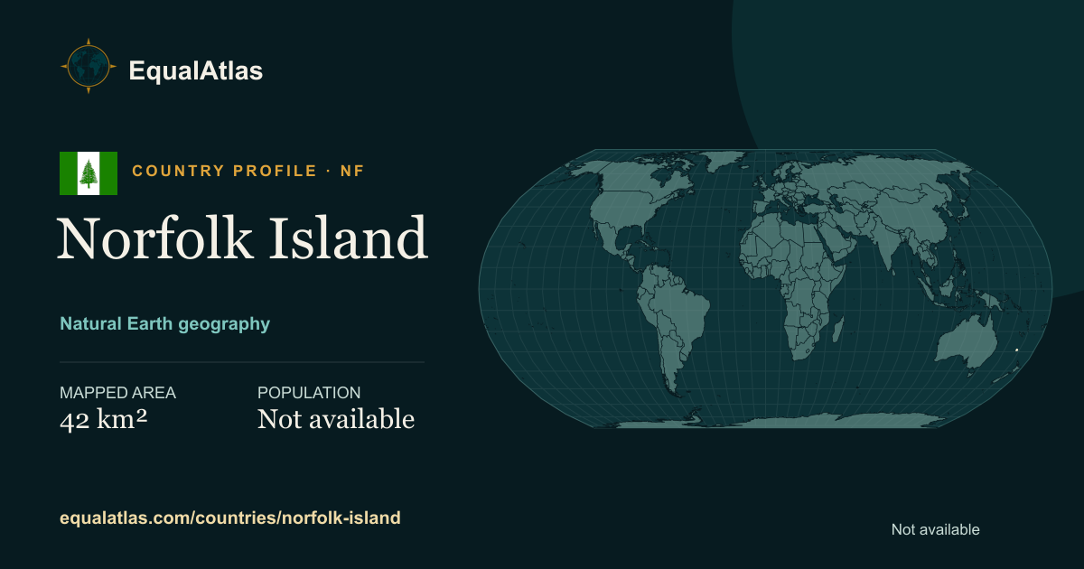 Norfolk Island true-size map card with mapped area and sourced EqualAtlas country data