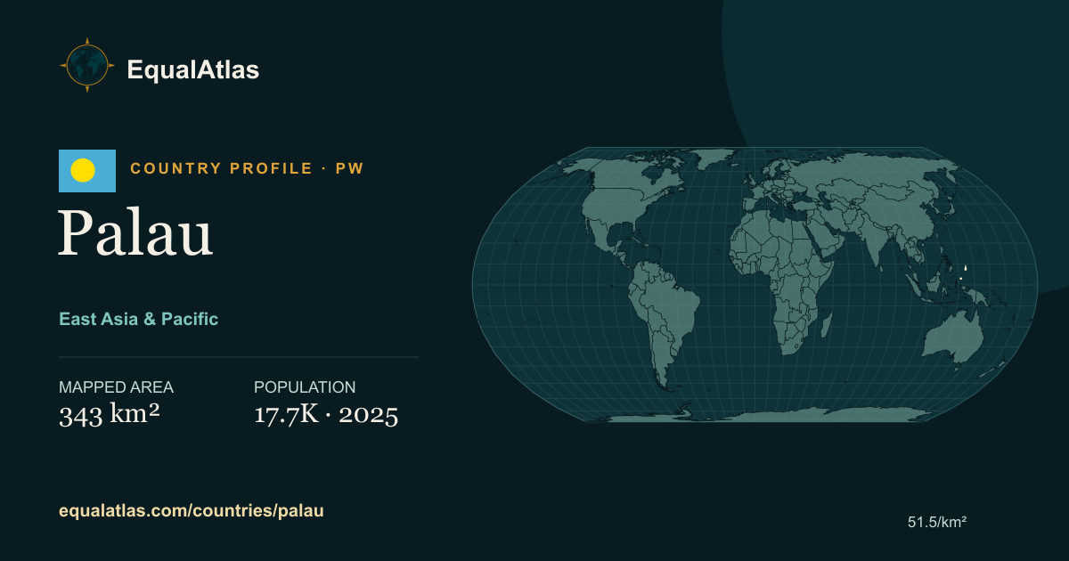 Palau true-size map card with mapped area and sourced EqualAtlas country data