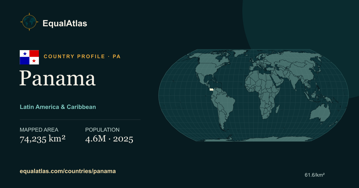 Panama true-size map card with mapped area and sourced EqualAtlas country data