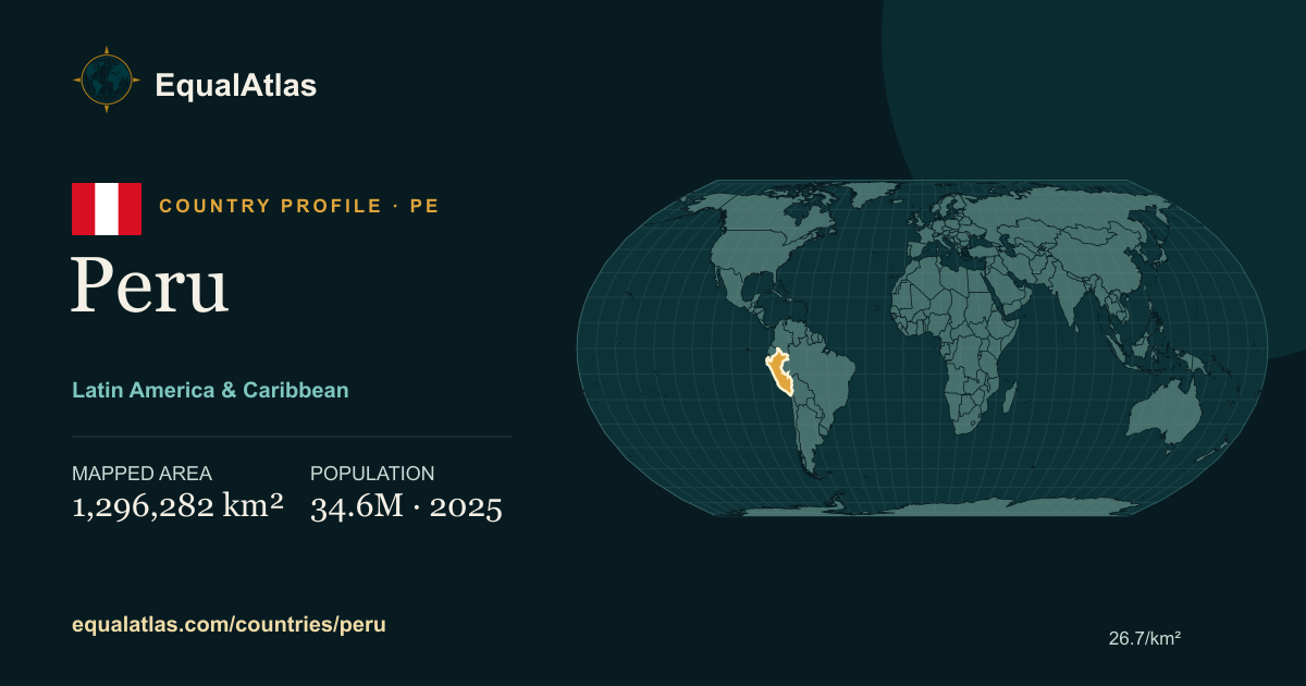 Peru true-size map card with mapped area and sourced EqualAtlas country data