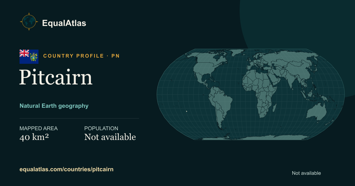 Pitcairn true-size map card with mapped area and sourced EqualAtlas country data