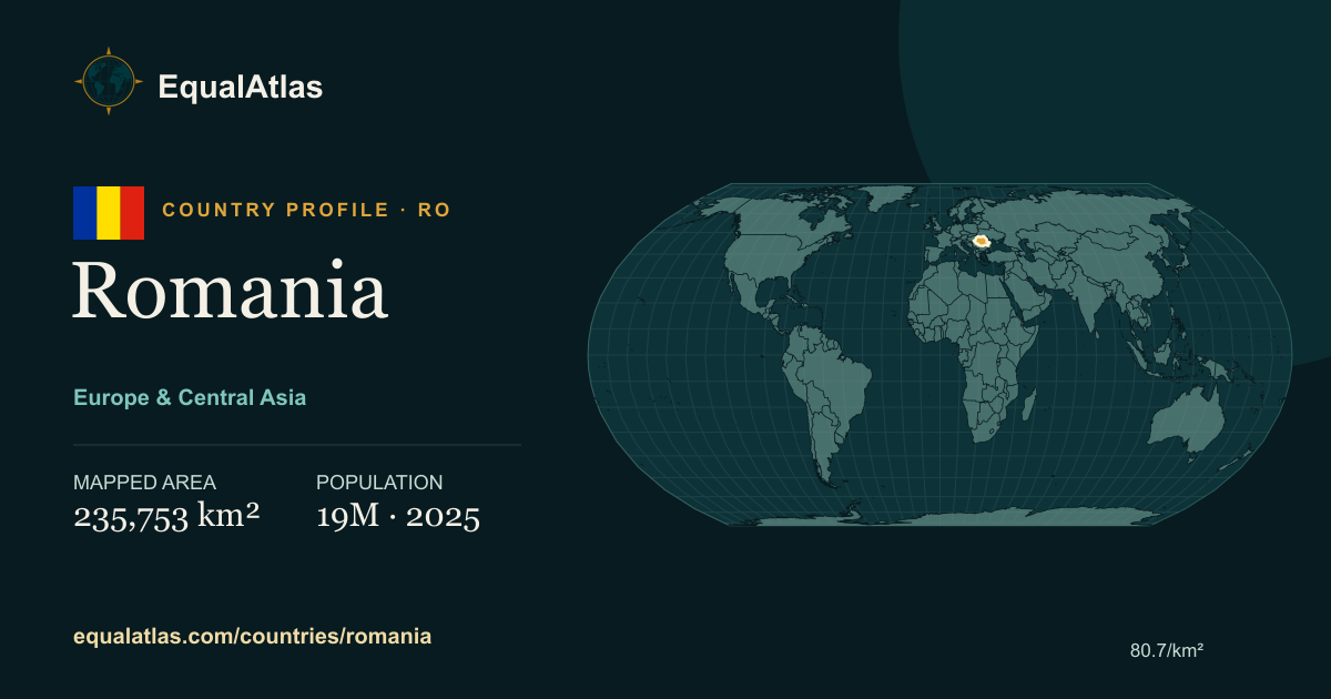 Romania true-size map card with mapped area and sourced EqualAtlas country data