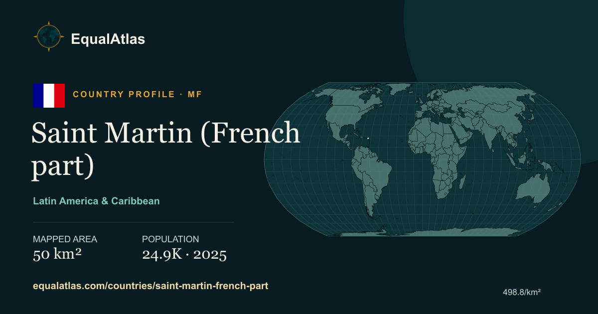 Saint Martin (French part) true-size map card with mapped area and sourced EqualAtlas country data