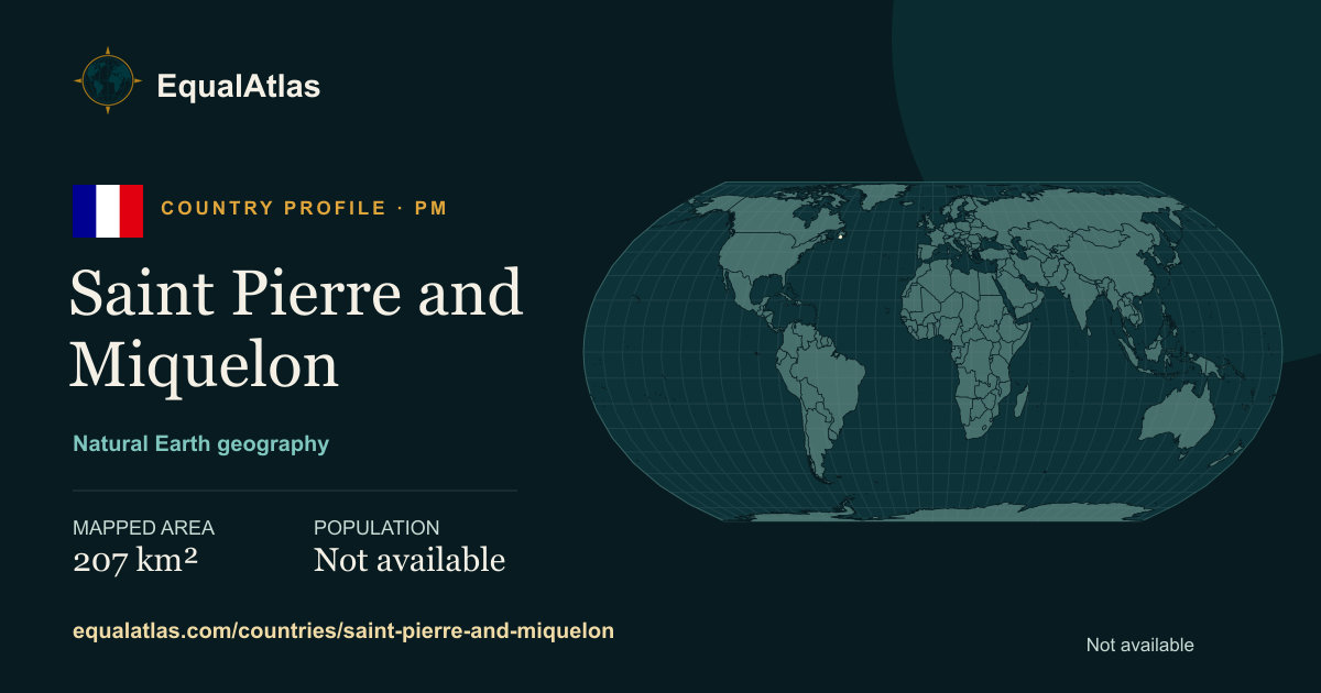 Saint Pierre and Miquelon true-size map card with mapped area and sourced EqualAtlas country data