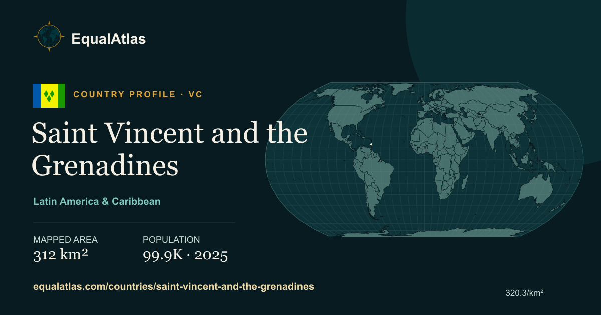 Saint Vincent and the Grenadines true-size map card with mapped area and sourced EqualAtlas country data
