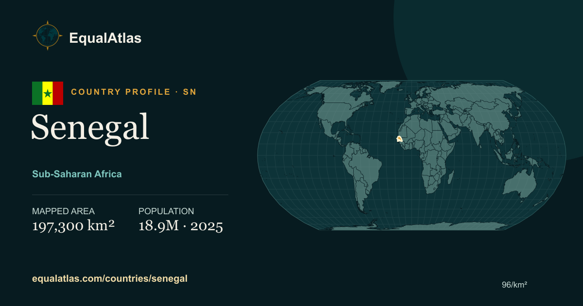 Senegal true-size map card with mapped area and sourced EqualAtlas country data