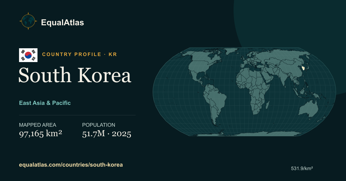 South Korea true-size map card with mapped area and sourced EqualAtlas country data