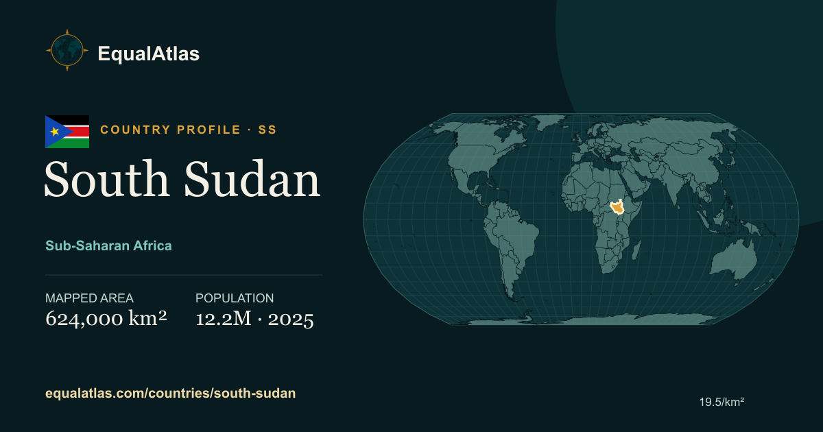 South Sudan true-size map card with mapped area and sourced EqualAtlas country data