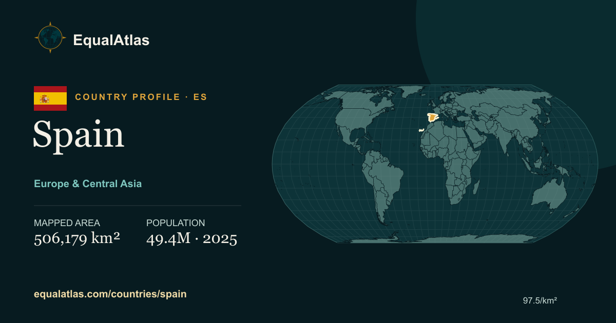 Spain true-size map card with mapped area and sourced EqualAtlas country data