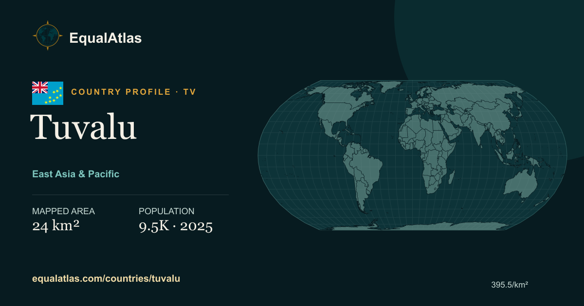 Tuvalu true-size map card with mapped area and sourced EqualAtlas country data