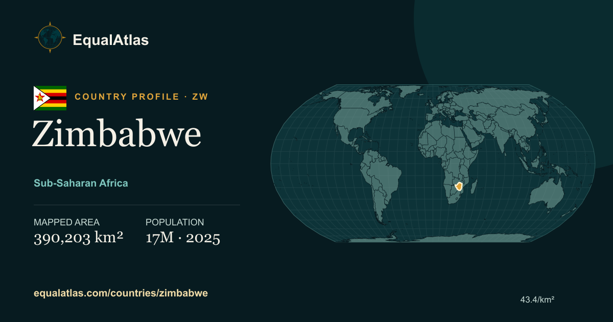 Zimbabwe true-size map card with mapped area and sourced EqualAtlas country data